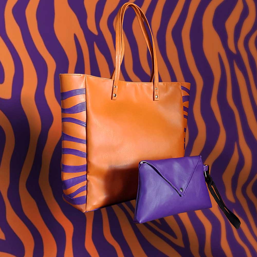 Custom-made Habilis totebag and clutchbag in Purple-Tiger color palette